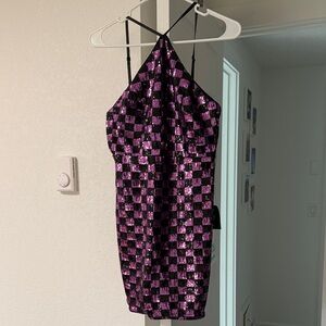 Sequin Checkered Dress - Purple and Black